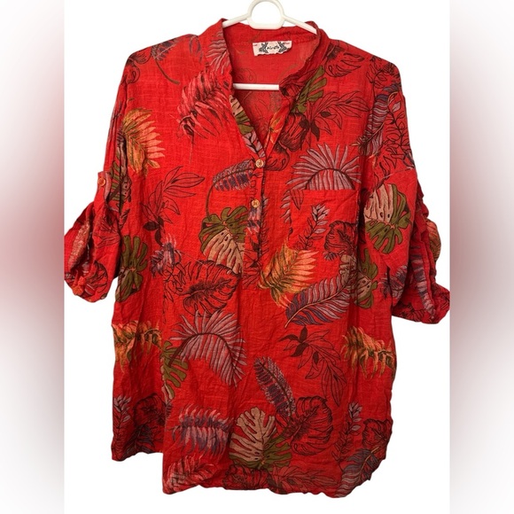 AG 25 Tropical Floral Red cotton Roll Tab Sleeve Button Down - Picture 1 of 10